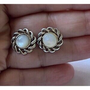 Vtg Boma Moonstone Earrings Round Rope Style 925 Sterling Silver Stud Pierced